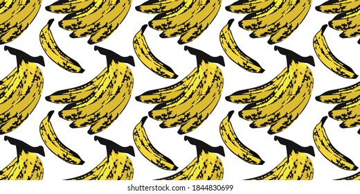 Seamless vector pattern of extra ripe bunch of bananas and  single banana randomly distributed isolated on a white background. Suits for Decorative Paper, Packaging, Covers, Gift Wrap, etc.
