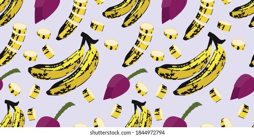 Seamless vector pattern of extra ripe bananas, sliced bananas and Blossom bananas randomly distributed isolated on light blue background. Suits for Decorative Paper, Packaging, Covers, etc.
