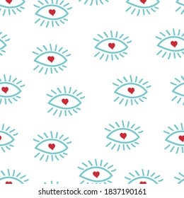 Seamless vector pattern of eye contour in a circle with a heart-shaped pupil. Flat