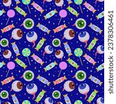 Seamless vector pattern with eyes and candy on a blue background. Scary eyes and candy for Halloween party decoration. A banner, poster or postcard for an October party. Halloween pattern background.