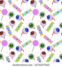 Seamless vector pattern with eyes and candy. Scary eyes and candy for Halloween party decoration. A banner, poster or postcard for an October party. Halloween pattern background.