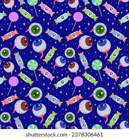 Seamless vector pattern with eyes and candy on a blue background. Scary eyes and candy for Halloween party decoration. A banner, poster or postcard for an October party. Halloween pattern background.