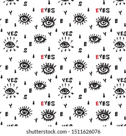Seamless vector pattern with eyes and inscriptions.