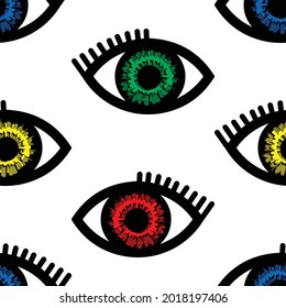 Seamless vector pattern with eyes on white background. Simple repeat bright eyesight wallpaper design. Decorative symbol fashion textile.