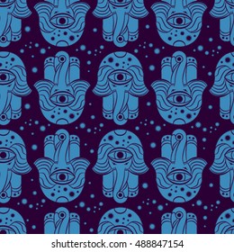 Seamless vector pattern of the fabric. Hamsa hand of Fatima, vector illustration