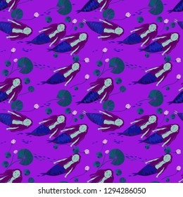 Seamless vector pattern for fabric and wallpaper. a large flock of mermaids at the depth of the sea swims with water lilies