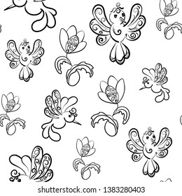Seamless vector pattern. Fabulous flowers and birds. Fantasy elements.