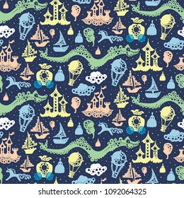 Seamless vector pattern of a fabulous journey.  Decorative painted texture with magical creatures by unicorn and dragon, romantic vehicles by coach, ships, balloons, and cloud locks.
