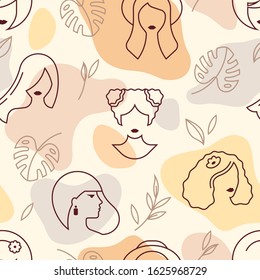 Seamless vector pattern with the faces of girls and leaves of plants in several colors. For printing, textiles or use in web design.