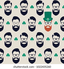 Seamless vector pattern with faces in hats. St. Patrick's Day texture print.