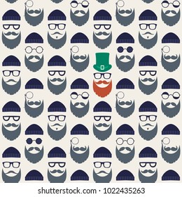 Seamless vector pattern with faces in hats. St. Patrick's Day texture print.