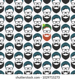 Seamless vector pattern with faces in hats. St. Patrick's Day texture print.