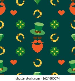 Seamless vector pattern with faces in hats. St. Patrick's Day.