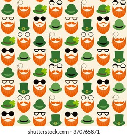 Seamless vector pattern with faces in hats. St. Patrick's Day texture print.