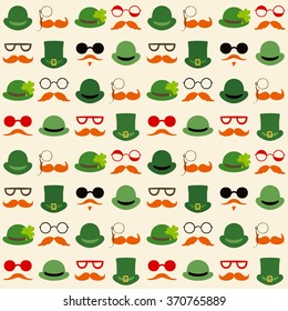 Seamless vector pattern with faces in hats. St. Patrick's Day texture print.