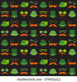 Seamless vector pattern with faces in hats. St. Patrick's Day texture print.