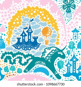 Seamless vector pattern from fairy elements. Fabulous background in a cute style. Decorative painted texture with unicorn locks, lady in dress