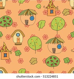 Seamless vector pattern. Fairy tale houses on the bright orange floral background.
