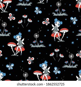 Seamless vector pattern with fairy's on black background. Fantasy forest wallpaper design with pixies. Magic fashion textile for children.