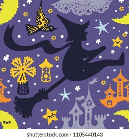 Seamless vector pattern of fairy-tale silhouettes. Fantastic background in cartoon style. A decorative painted texture with a starry sky over which a witch flies on a broomstick with a bird, over the 