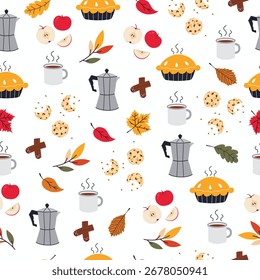 Seamless vector pattern with fall elements, coffee and coffee pot. Hand-drawn vector illustration.