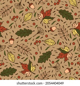 Seamless vector pattern with falling autumn leaves on beige background. Simple fall season wallpaper design. Decorative bright forest fashion textile.