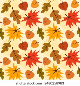 Seamless vector pattern of falling autumn leaves, colorful background of maple oak and birch leaves, decorative wallpaper, textile print, packaging.