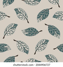 Seamless vector pattern with falling leaves on cream white background. Simple modern leaf texture wallpaper design. Decorative floral fashion textile.