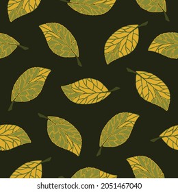 Seamless vector pattern with falling leaves on dark green background. Simple seasonal wallpaper design. Decorative botanical fashion textile.