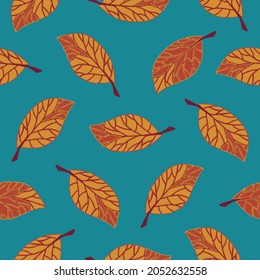 Seamless vector pattern with falling leaves on teal blue background. Simple bright autumn wallpaper design. Decorative modern forest fashion textile.