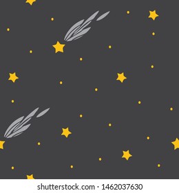 Seamless vector pattern with falling stars and dots on grey background. Simple wallpaper design for children. 