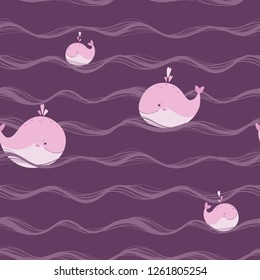 Seamless vector pattern. Family of cute whales on the waves of the ocean. Hands drawn style in pastel colors.