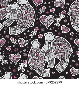 Seamless vector pattern with family of three cute bears, with hearts and flowers