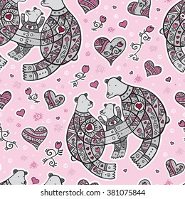 Seamless vector pattern with family of three cute bears,  with hearts and flowers on pink background