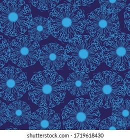 Seamless vector pattern of fantastic flowers on a blue background. Big and small.