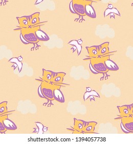 Seamless vector pattern with fantastic funny  animals - cat owl and flying birds. Retro grainy look. Sweet cute animals.