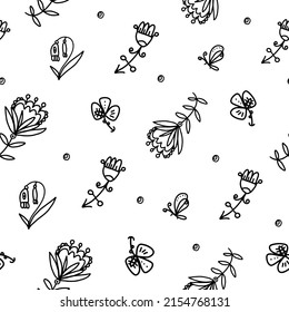 Seamless vector pattern - Fantasy Boho decorative flowers and butterfly doodles. Outlines, simple dark lines on white background.