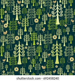 Seamless vector pattern with fantasy christmas  forest with birds and flowers  on dark green background