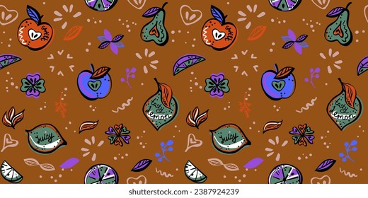 Seamless vector pattern with fantasy fruits, vibrant colors vegan style background