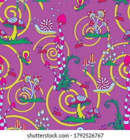 Seamless vector pattern with fantasy mushrooms on purple background. Dream like wallpaper design with magic forest. Colourful plant fashion textile.