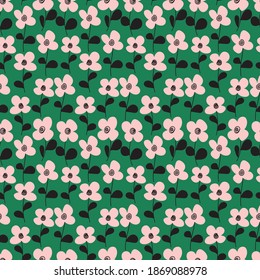 Seamless vector pattern with fantasy pink abstract flowers on green background. Childish endless botanical ornament.