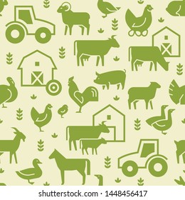 Seamless vector pattern of farm animals, buildings, equipment and other elements in green. Consists of vector flat icons.