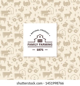 Seamless Vector Pattern Of Farm Animals, Buildings, Equipment And Other Elements In 2 Colors With The Vector Logo Of The Family Farm In The Center. Consists Of Vector Flat Icons.