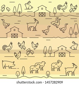 Seamless vector pattern of farm animals, buildings, equipment and other elements in various colors. Consists of a vector line icons style.