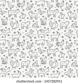 Seamless vector pattern of farm animals, buildings, equipment and other elements in two colors. Consists of vector line style icons.