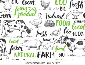 Seamless vector pattern with farm animals and handwritten inscriptions. Ink brush lettering. Green. Vintage retro logo. Sketch. 