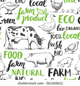 Seamless vector pattern with farm animals and handwritten inscriptions.  Ink brush hand lettering. Green. Vintage retro logo. Sketch. 