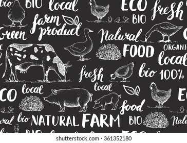 Seamless vector pattern with farm animals and handwritten inscriptions.  Lettering. Vintage retro logo. Sketch.