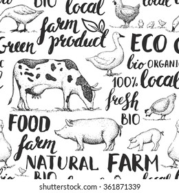 Seamless vector pattern with farm animals and inscriptions. Handwritten elements with rough edges. Ink brush lettering. Vintage retro logo. Sketch. 