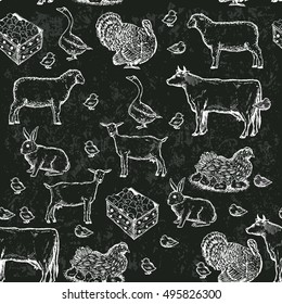 Seamless vector pattern with farm animals. Farmers market.Chalkboard style hand drawn vector 